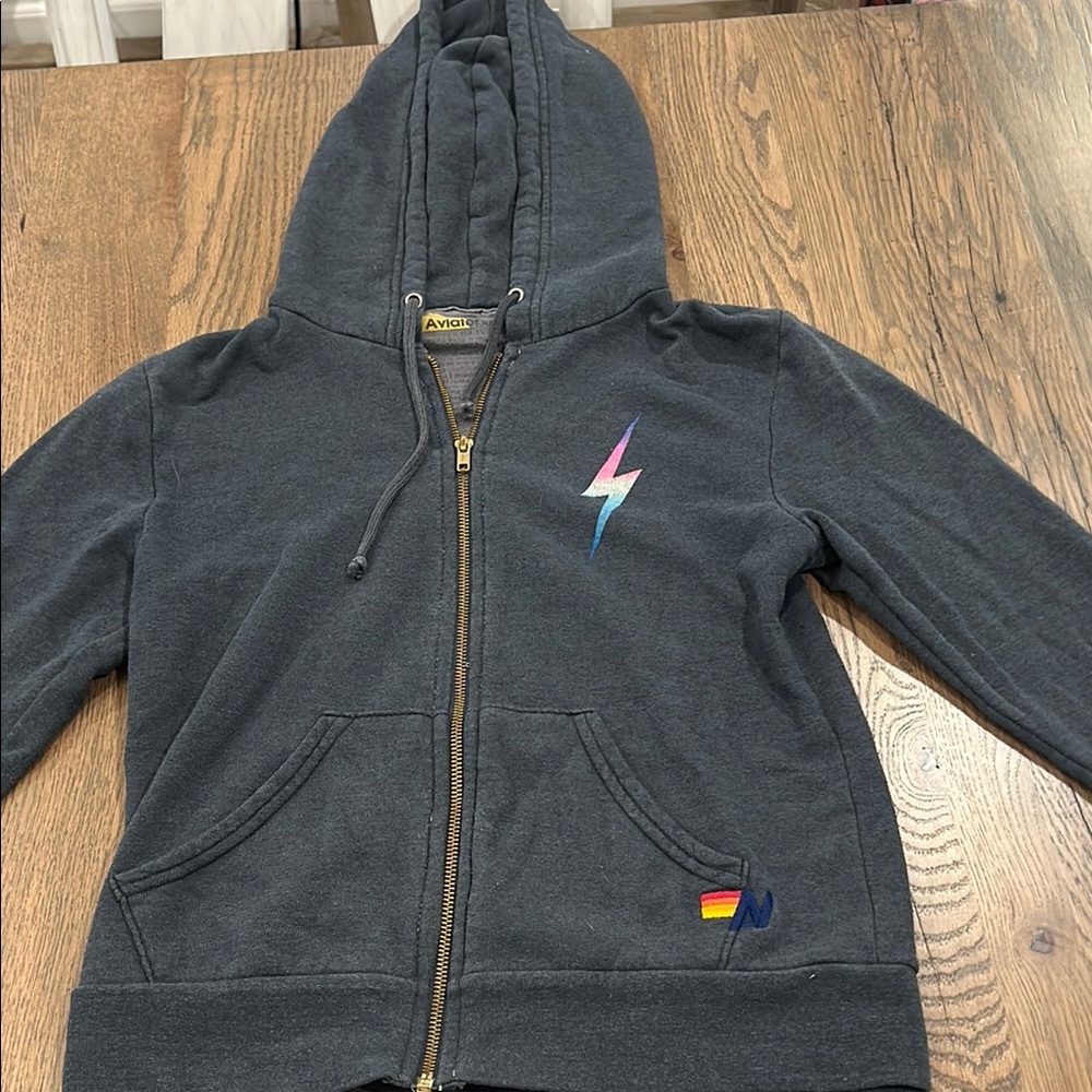 Aviator Nation Charcoal Zip-Up Hoodie with Lightning Bolt Graphic